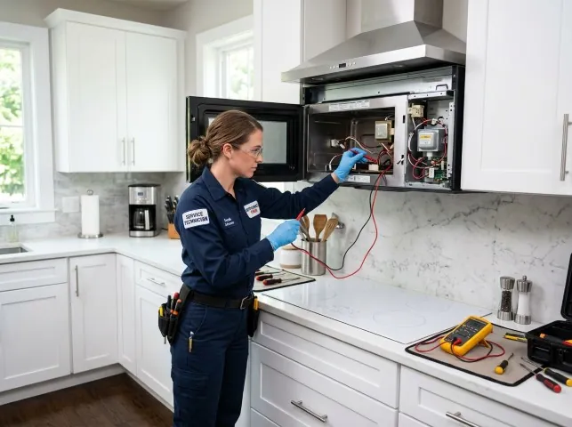 Appliance Repair Hero technician testing an over-the-range microwave in a Bridge City, TX kitchen